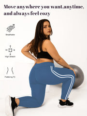 Women's Plus Size High-Waisted Cropped Leggings with Side Stripes Black Blue