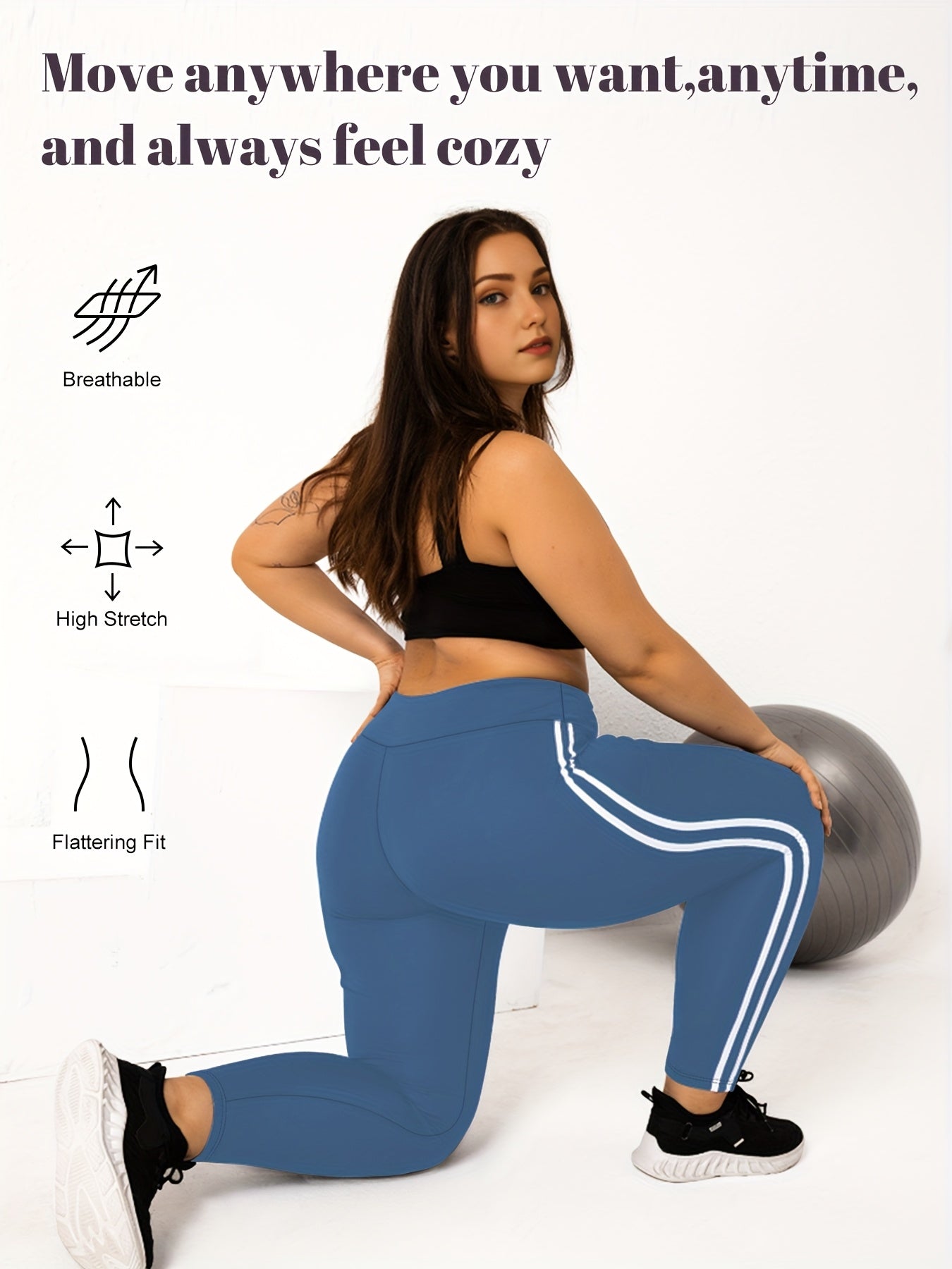 Women's Plus Size High-Waisted Cropped Leggings with Side Stripes Black Blue