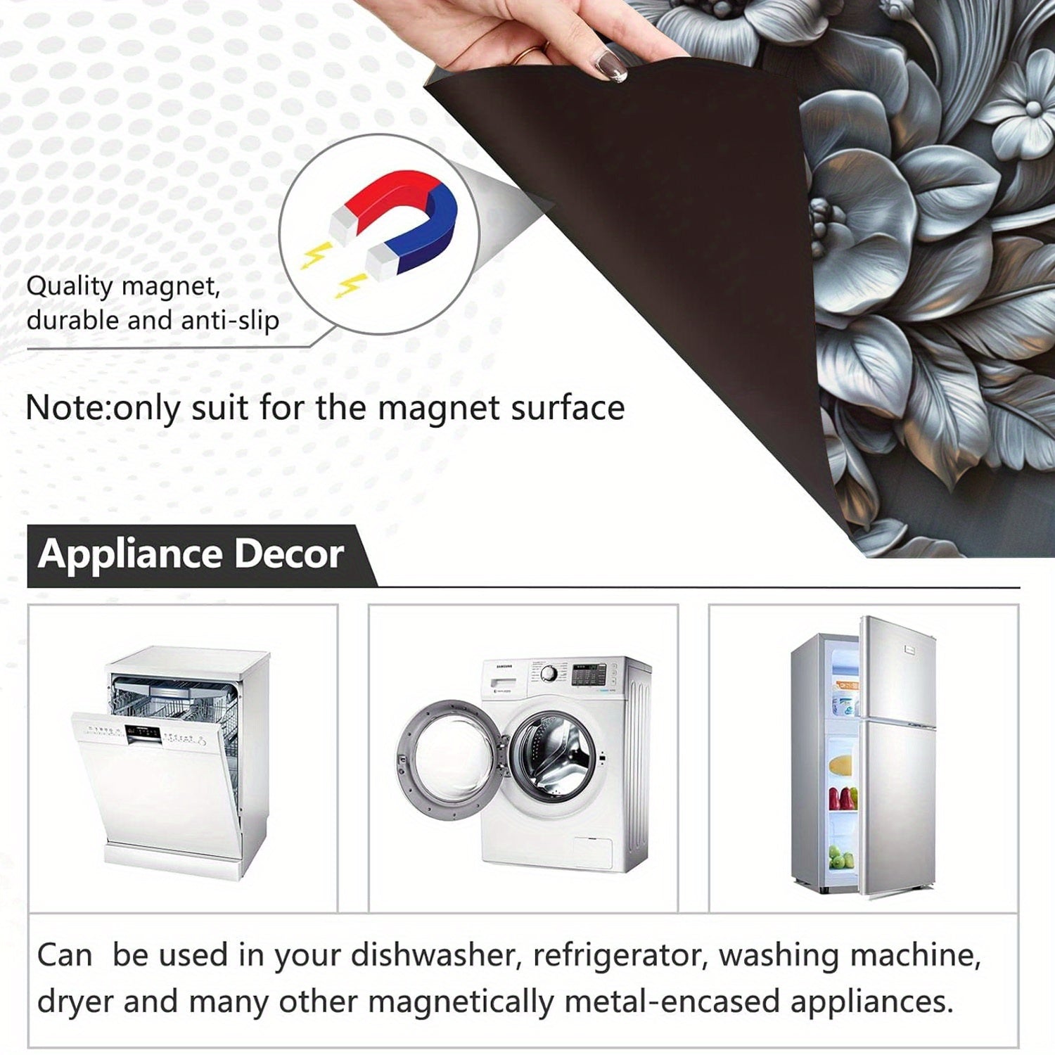 3D Relief Silvery Flower Dishwasher Magnetic Cover Waterproof Heat-Resistant Metal Panel Sticker 58.5x65 cm