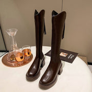 Women's Faux Cover Mid-Calf to Thigh-High Boots Black Brown Camel Square Heel