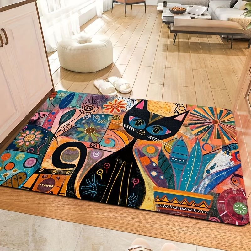 Abstract Art Cat Doormat Non-Slip Polyester Washable Entryway Rug