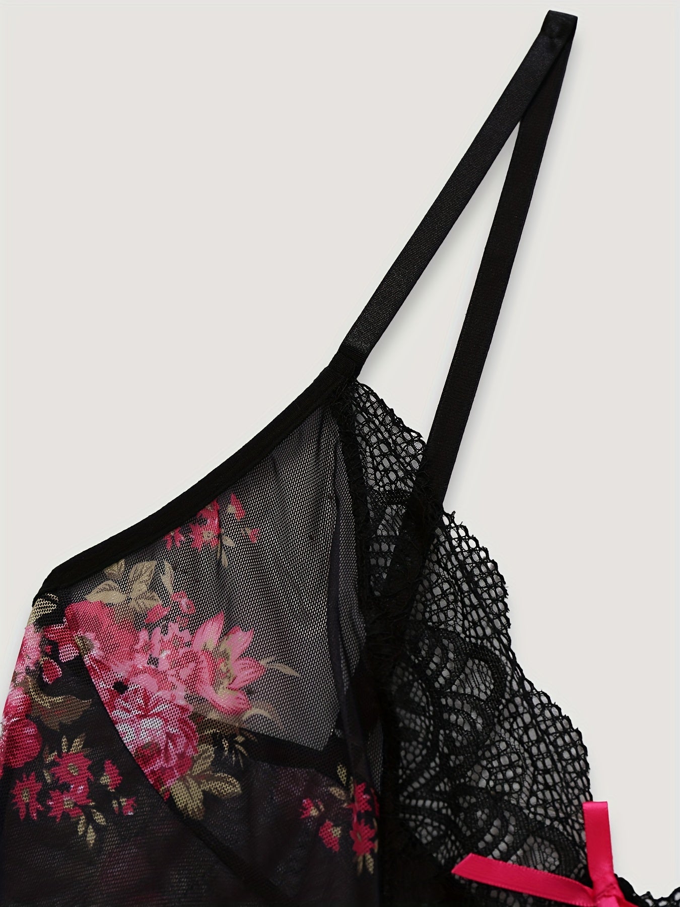 Women's Floral Print Lace Bow Babydoll Lingerie Semi Sheer Slip Dress