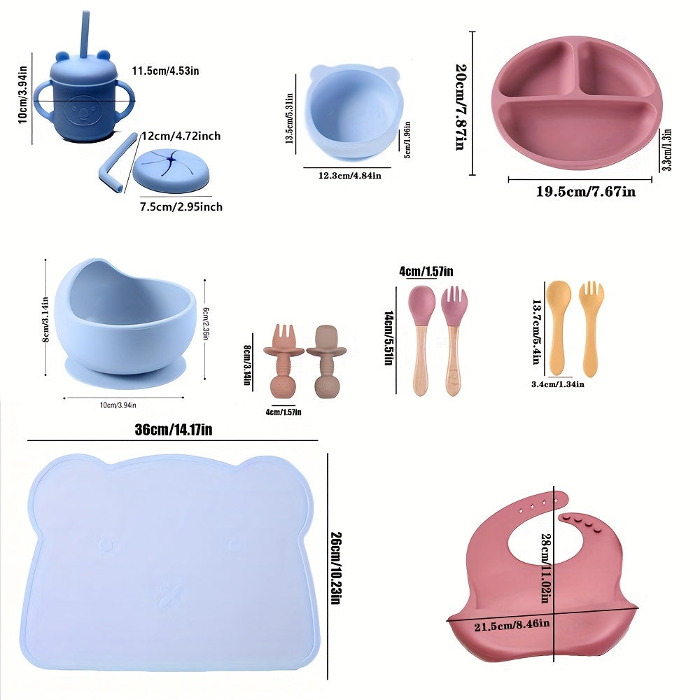 Children's Silicone Feeding Set 9pcs Divided Plates Sucker Bowl Bib Drinking Cup