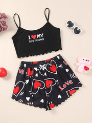 Women's Valentine's Day Pajama Set Heart Slogan Print Lettuce Trim Cami Top Elastic Shorts