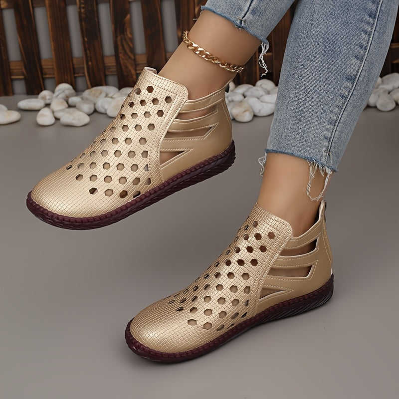 Women's Rhinestone Ankle Boots with Cut-Outs Zipper Flat Sole All-Season