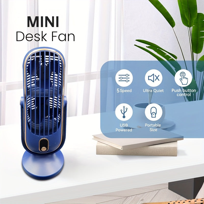 Blue Copper USB Desk Fan with 5-Speed, Rechargeable Battery, Compact