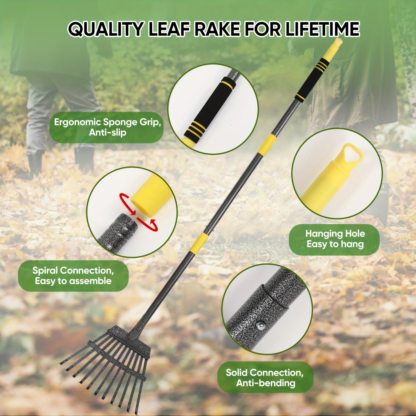 Heavy Duty Garden Leaf Rake 182.88cm with 11 Metal Tines Adjustable Steel Handle