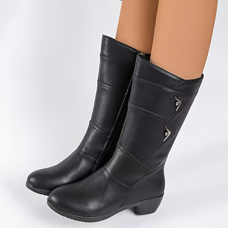 Women's Fleece-Lined Mid-Calf Ankle Boots with Zipper, Chunky Heel, Black