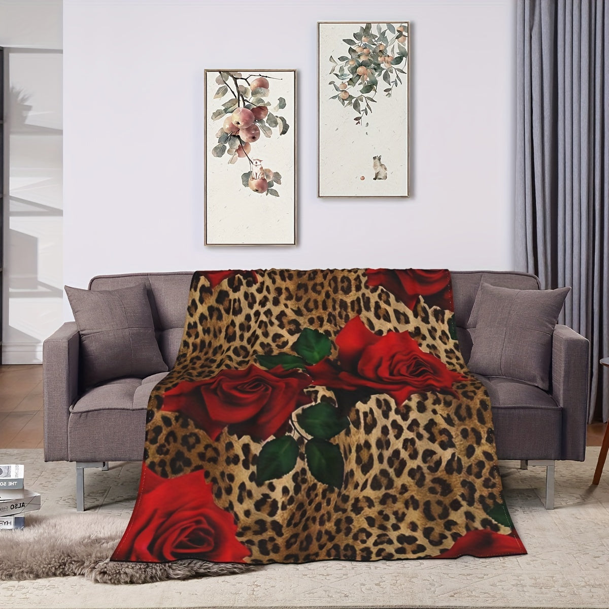 Leopard and Rose Print Flannel Throw Blanket Reversible Soft Warm for Couch Bed Travel