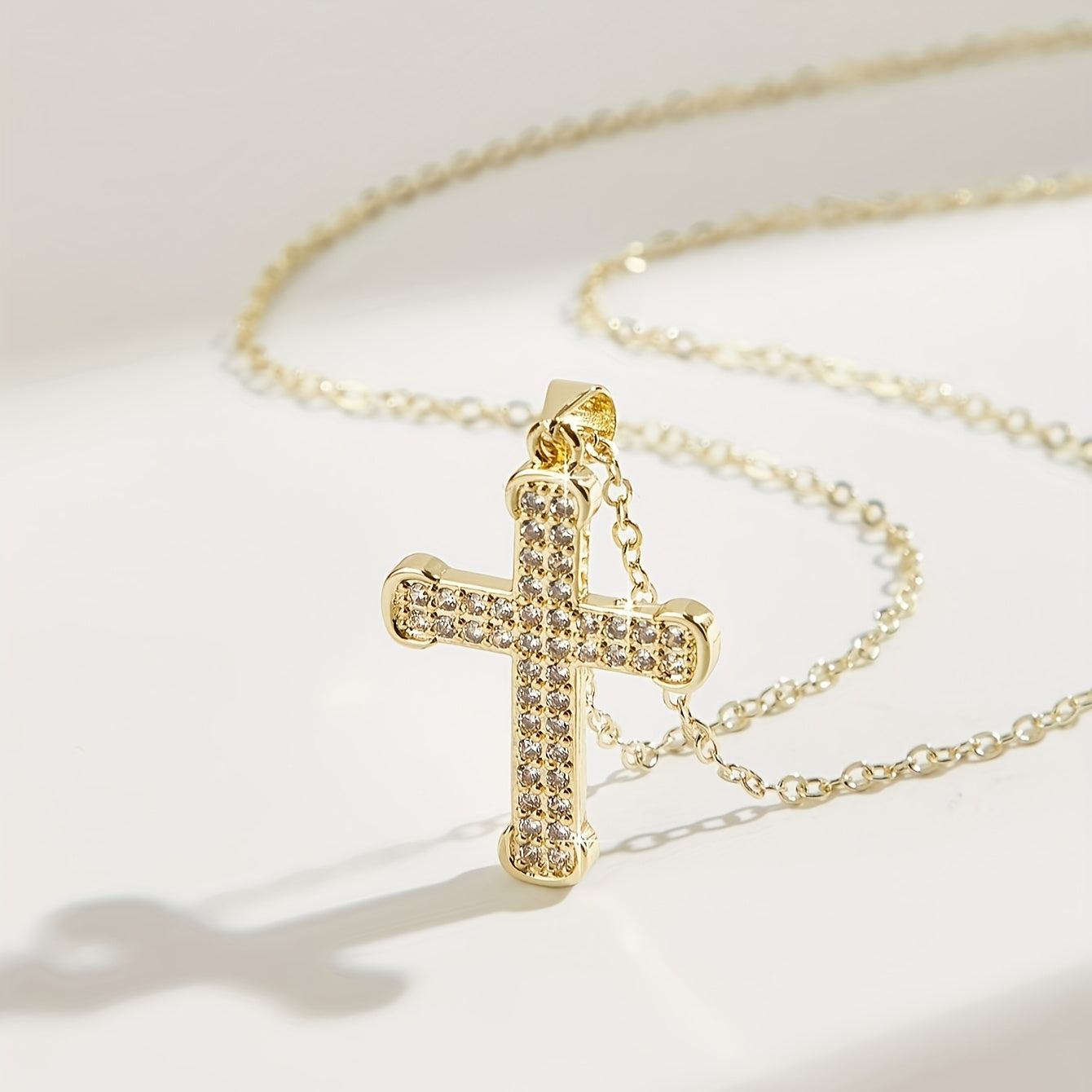 Gold Plated Cross Pendant Necklace with Cubic Zirconia Religious Charm for Women