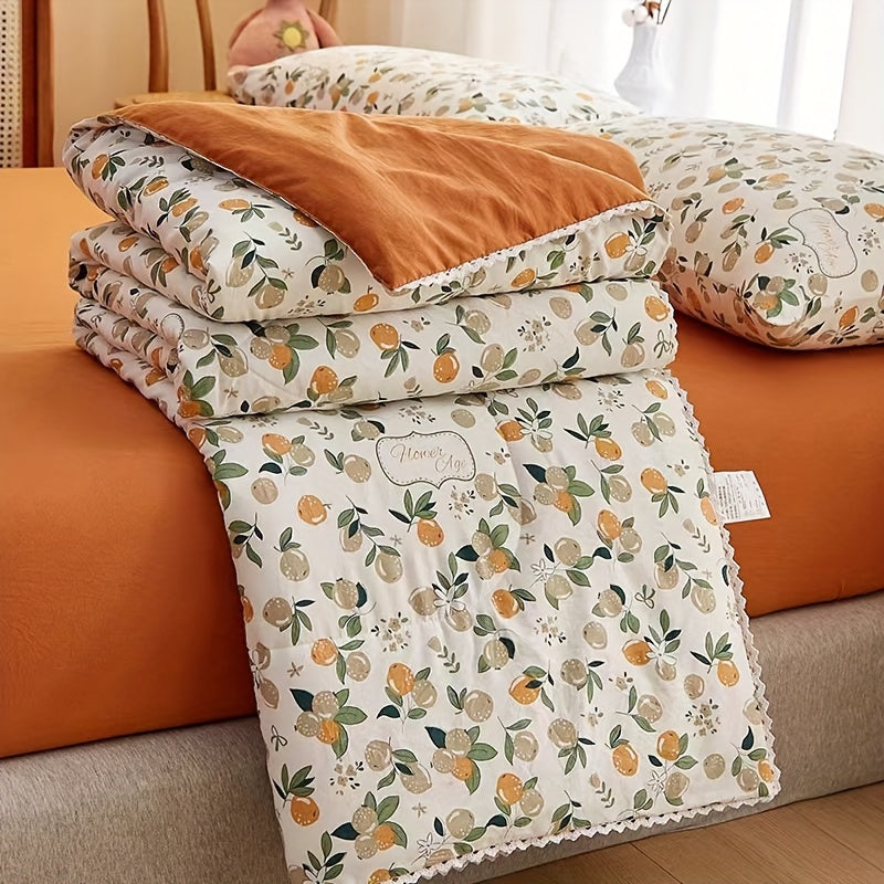 Floral and Fruit Pattern Quilt Bedspread with Scalloped Edge Soft Liner All-Season Polyester Bedding