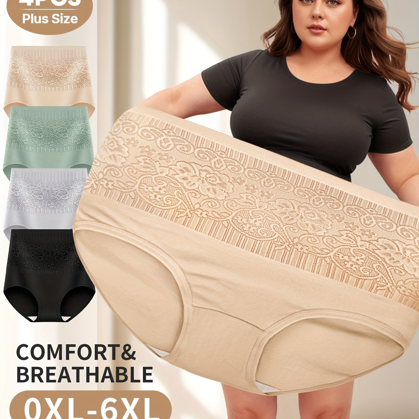 Plus Size High Waist Tummy Control Floral Panties Set 4 Pack