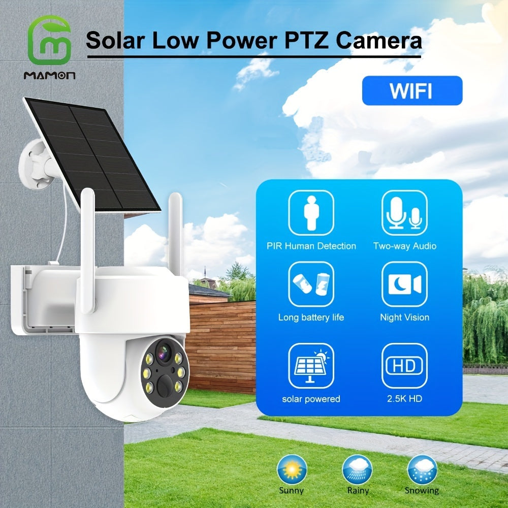 Wi-Fi Solar-Powered 2K PTZ Security Camera with Night Vision Motion Alerts Two-Way Audio Spotlight