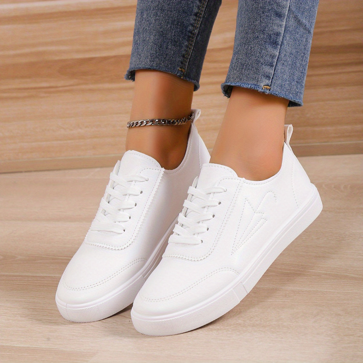 Women's White Faux Leather Low-Top Sneakers Casual Athletic Shoes