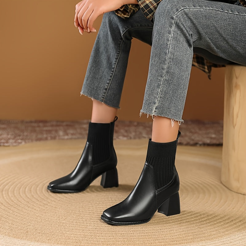 Women's Solid Color Minimalist Slip-On Boots with Chunky Heels