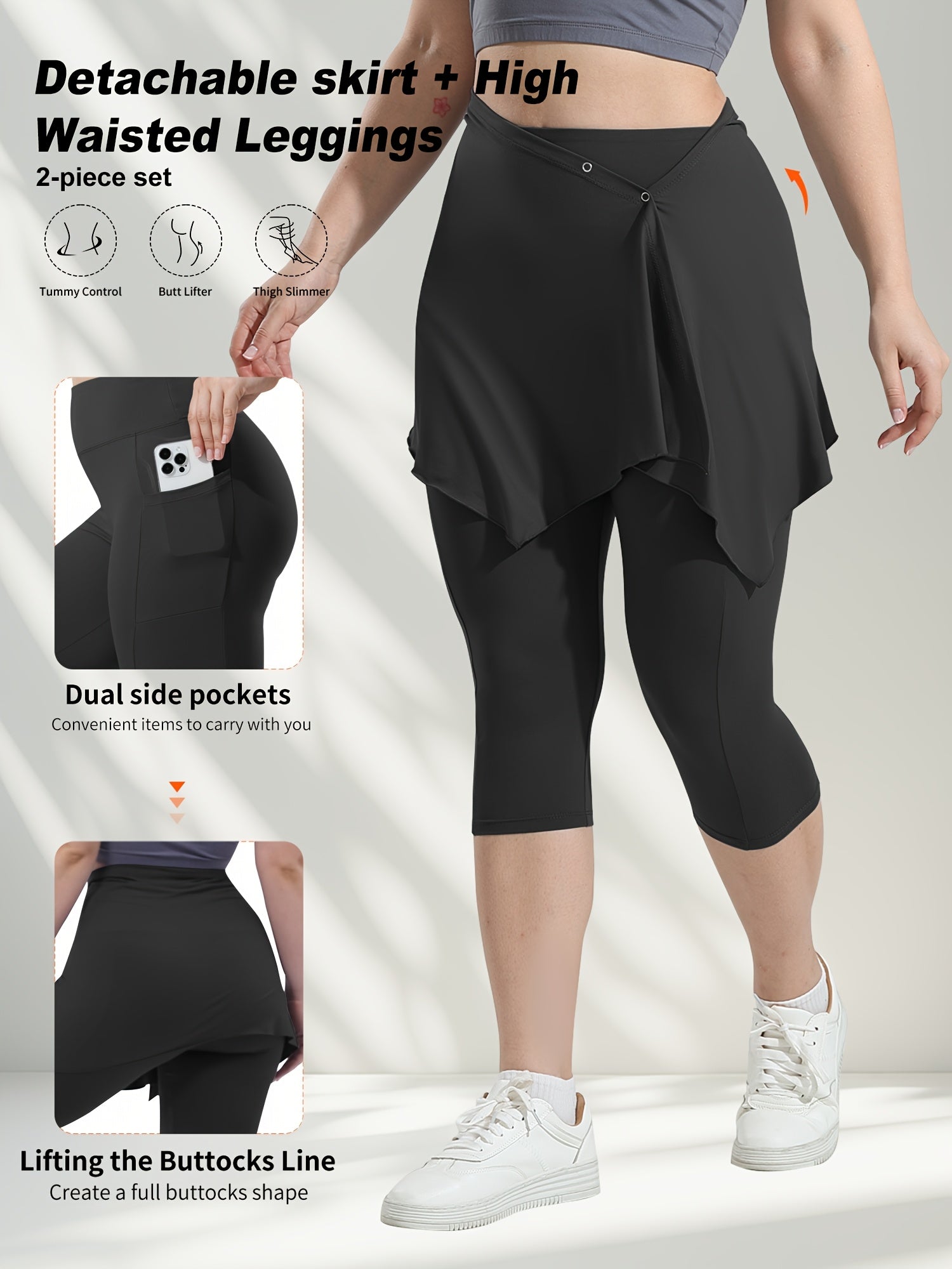 Plus-Size High-Waisted Leggings and Irregular Skirt Set with Pockets