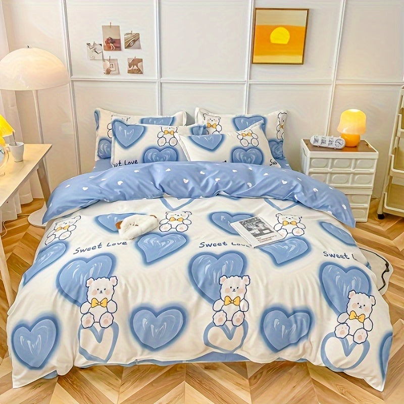 4PCS Cartoon Heart Bear Bedding Set Polyester Animal Theme All-Season Bed Linen