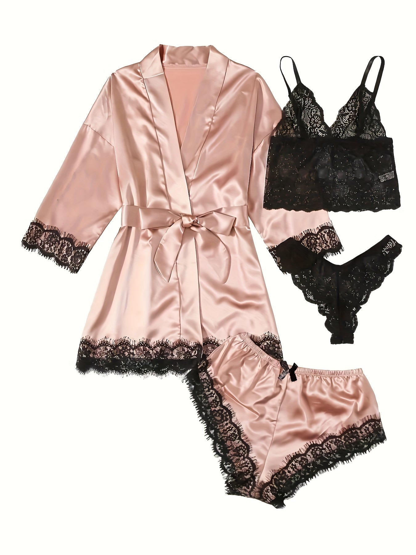 Lace Trim Sleepwear Set with Glossy Pajamas 4 Pieces for Adults