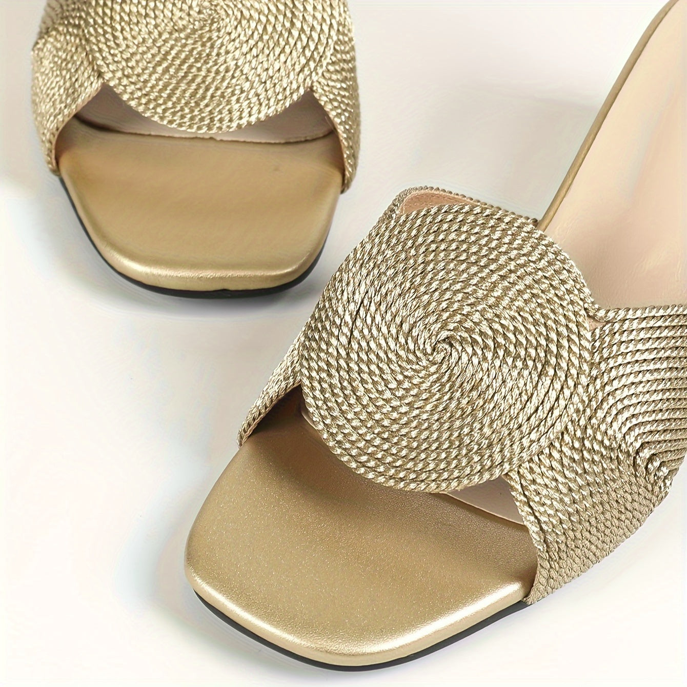 Women's Mid-Heel Sandals Golden Linen-Woven Open Toe Slip-On Rubber Sole