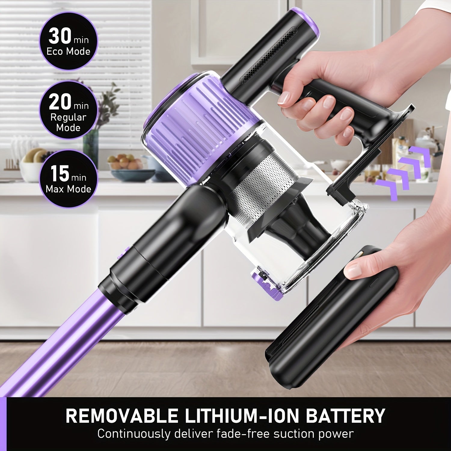 Purple Cordless Stick Vacuum Cleaner with LED Display 150W 30KPa Suction Rechargeable Battery