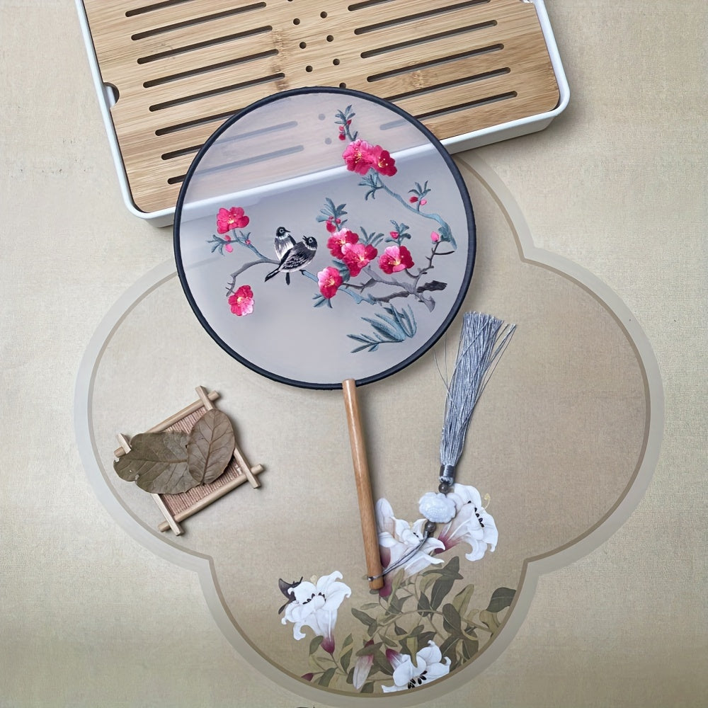 Silk Embroidered Fan with Tassel Flower for Home Travel School Office