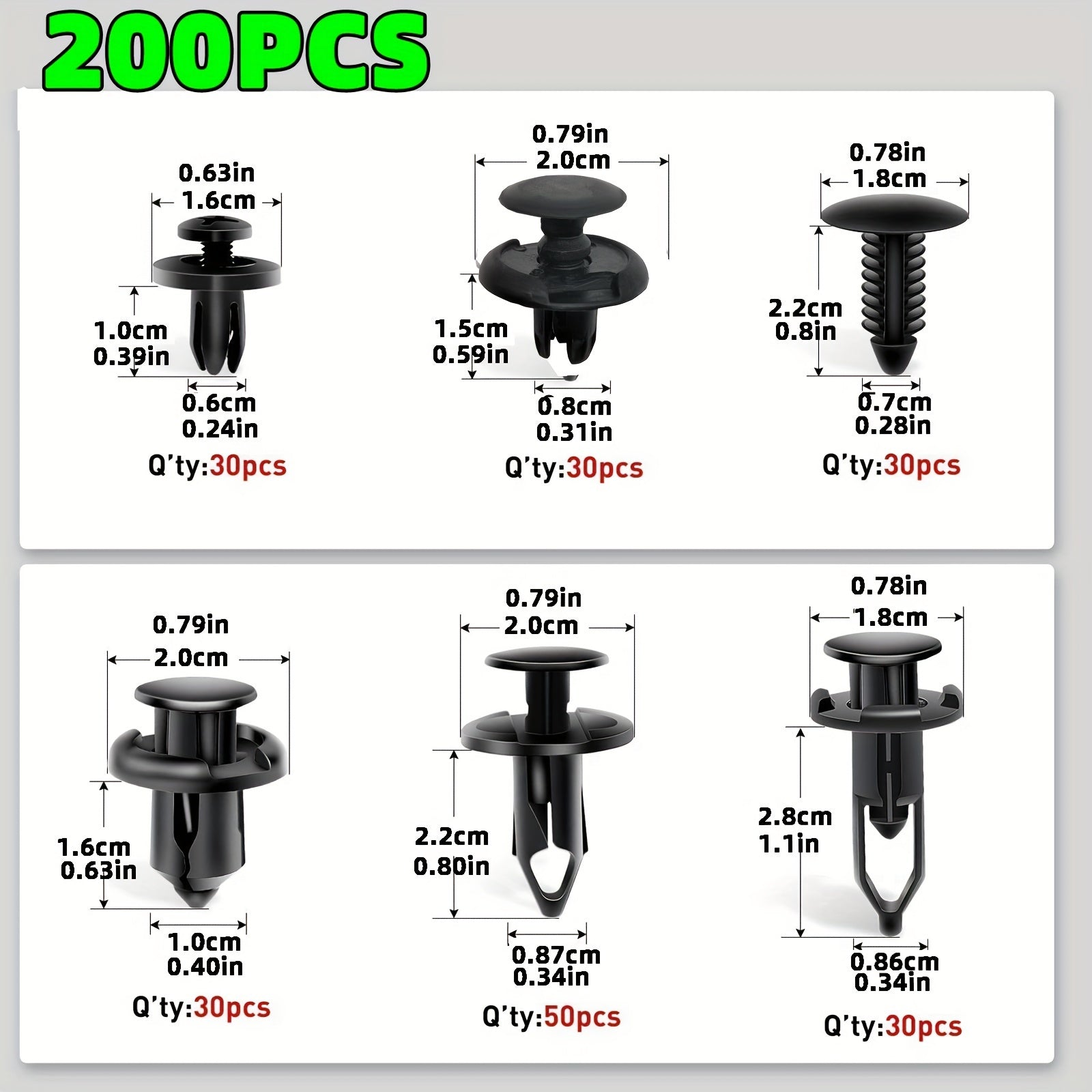 200Pcs Universal Car Fixing Clips Assortment 6mm-10mm Bumper Rivets