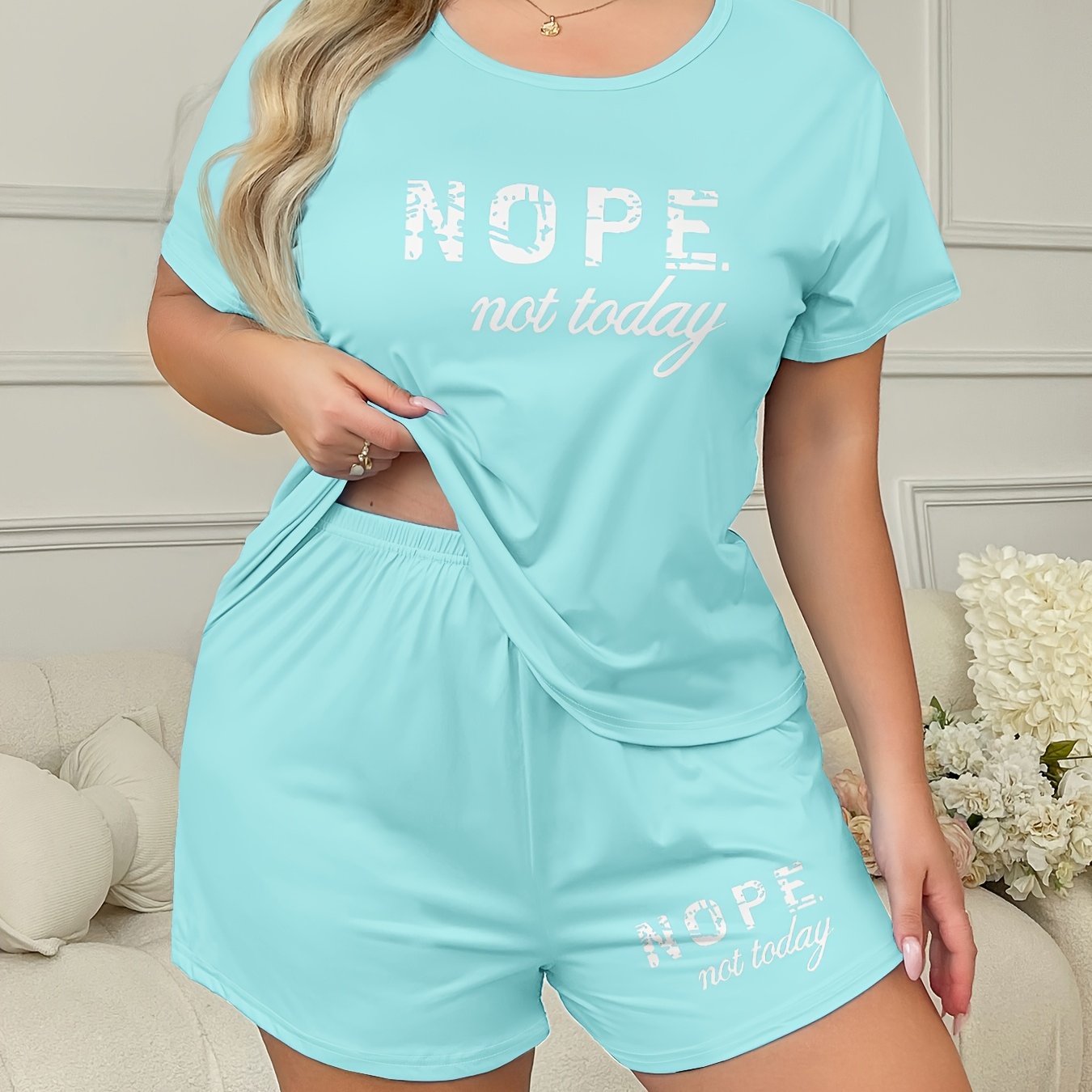 Plus Size Women's Loungewear Set Casual Slogan Print Short Sleeve Top and Elastic Shorts