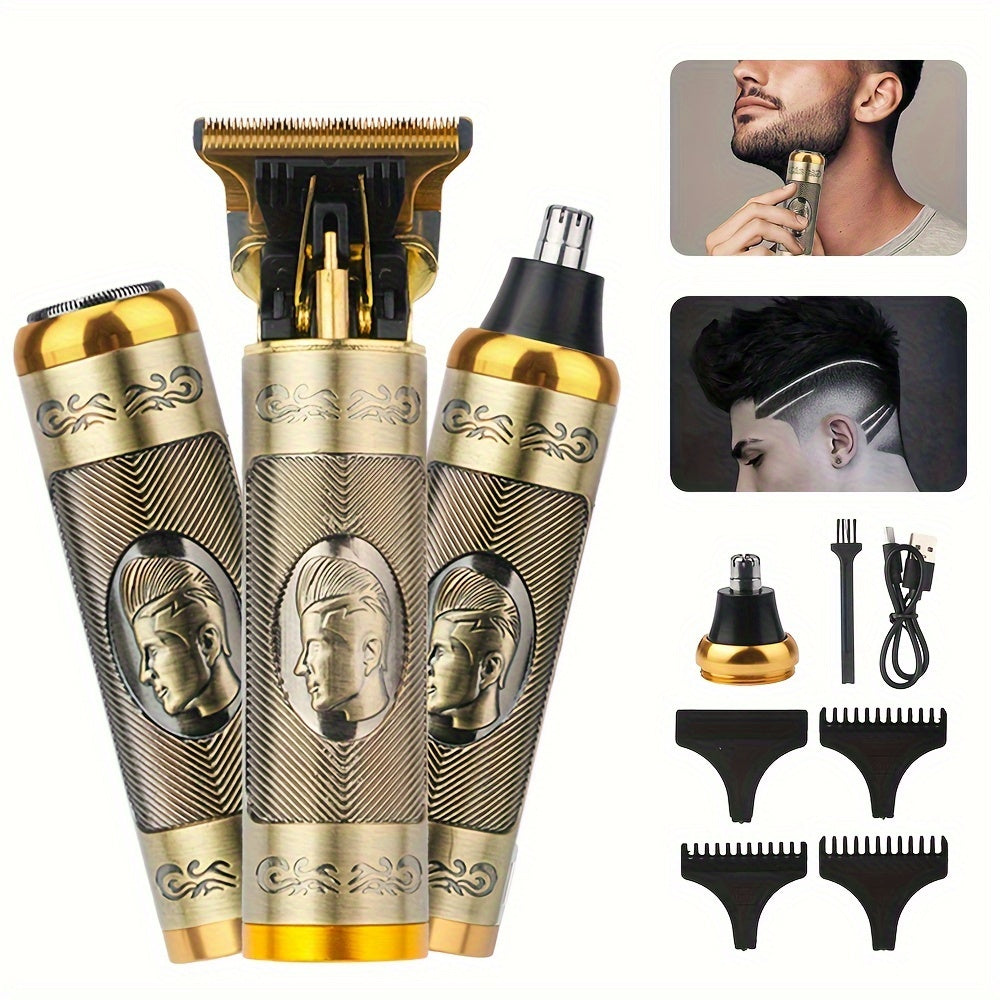 Kit de recortadora de cabello para hombres para cuidado, corte, afeitado, 3 en 1, recargable por USB, recortadora de pelo de la nariz, afilador de patillas, afeitadora de barba, raspador