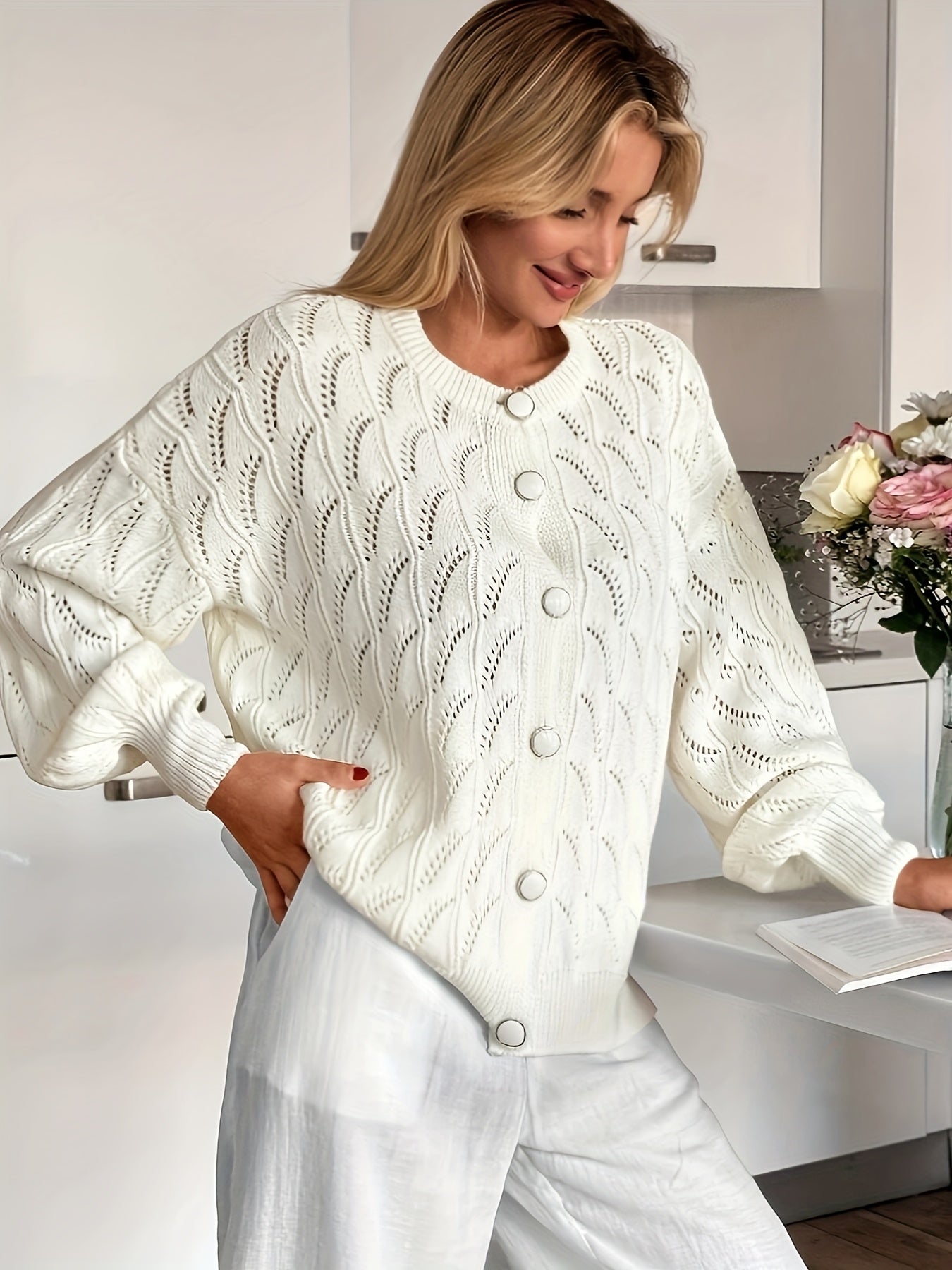 Women's Openwork Knit Cardigan Lightweight Fashion Black Small