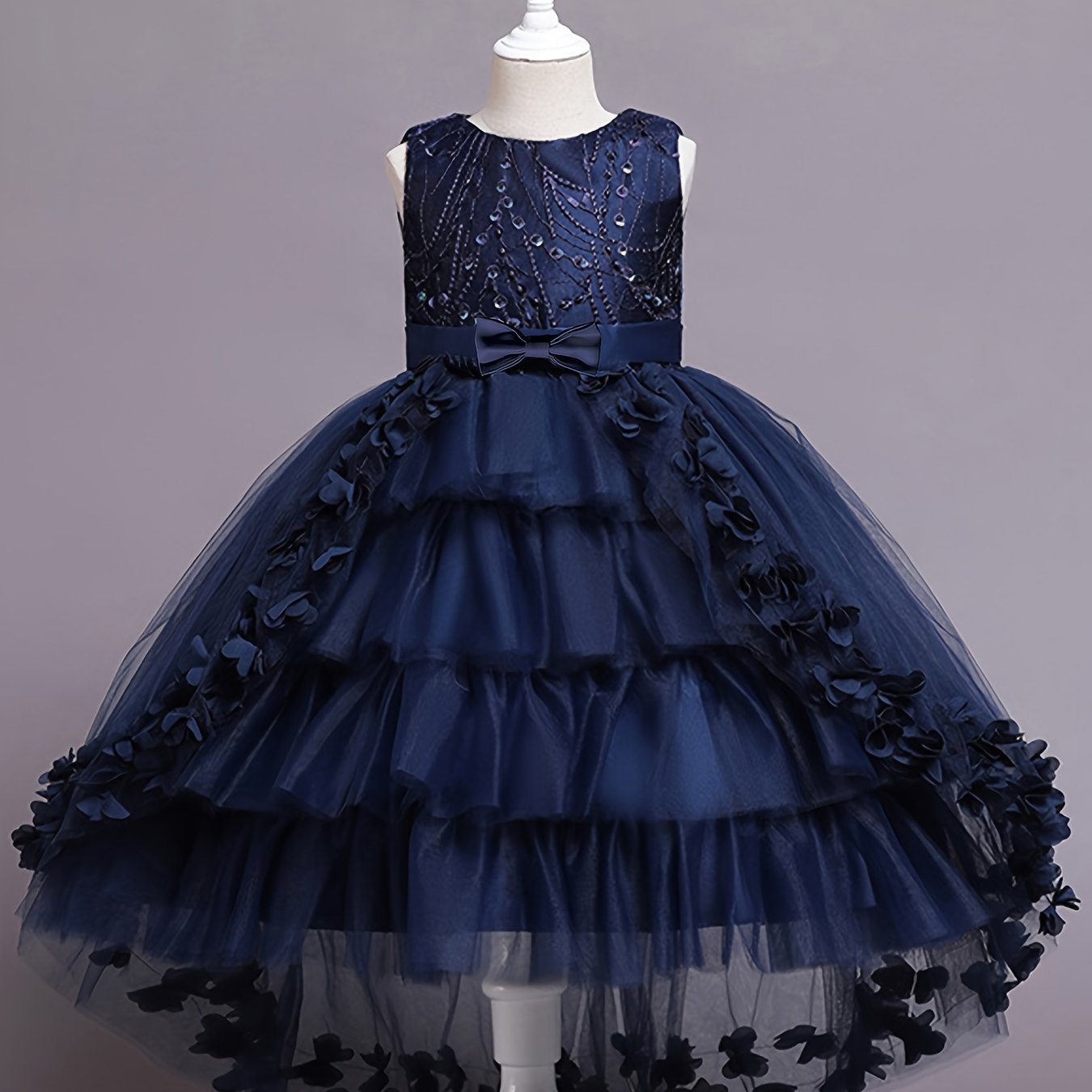 Girls Sleeveless Princess Dress with Lace Floral Embellishments and Flowing Tail for Pageants Weddings and Parties