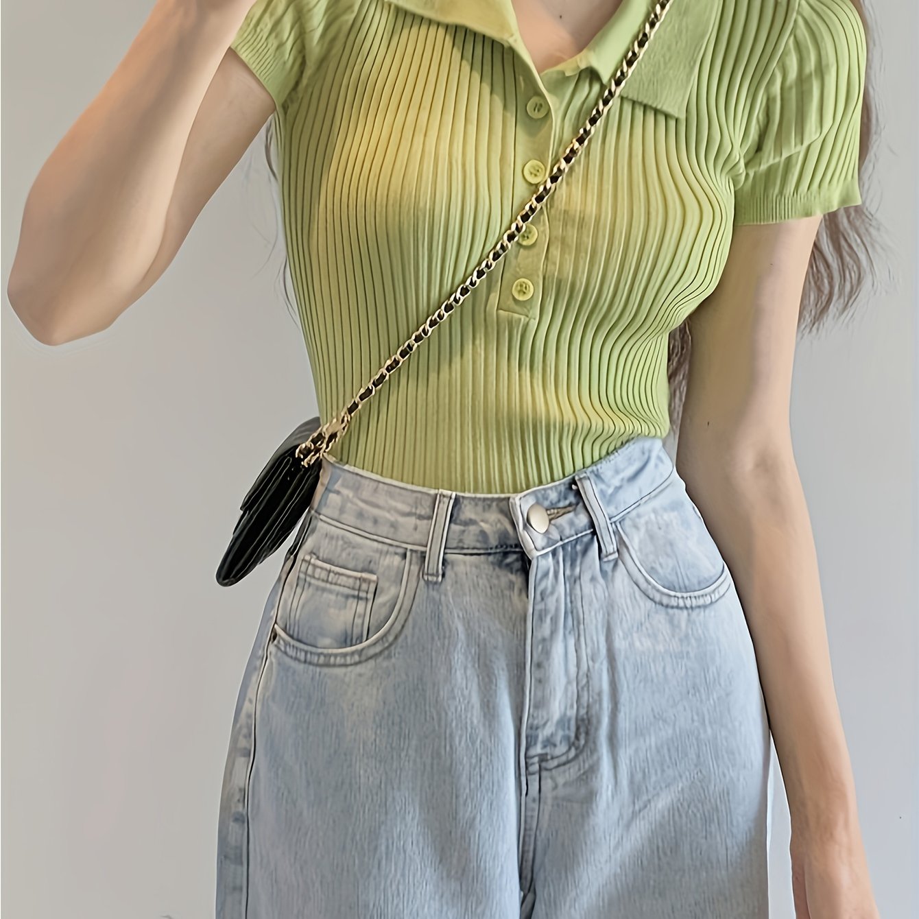 Women's Summer Polo Shirt Viscose Stretch Button Solid Casual