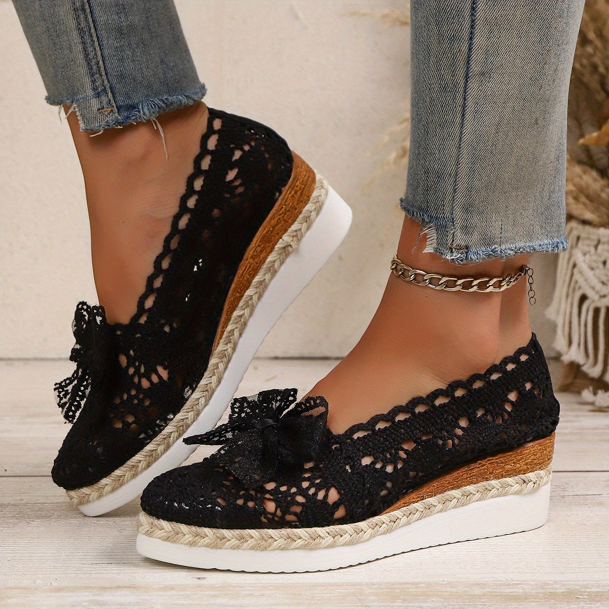 Women's Pointed Toe Espadrille Wedge Shoes with Bow Black Fabric Platform