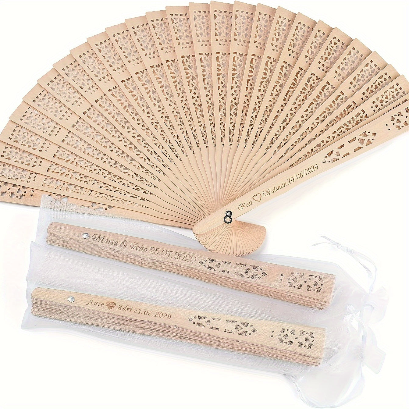 Personalized Wedding Fans Set 30 40 50 or 60 Pcs with Organza Bags and Bridal Fans
