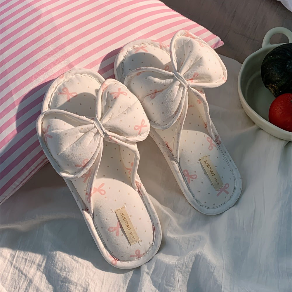 Women's Slip-On Indoor Slippers Soft Fabric Bow Non-Slip Pink Black