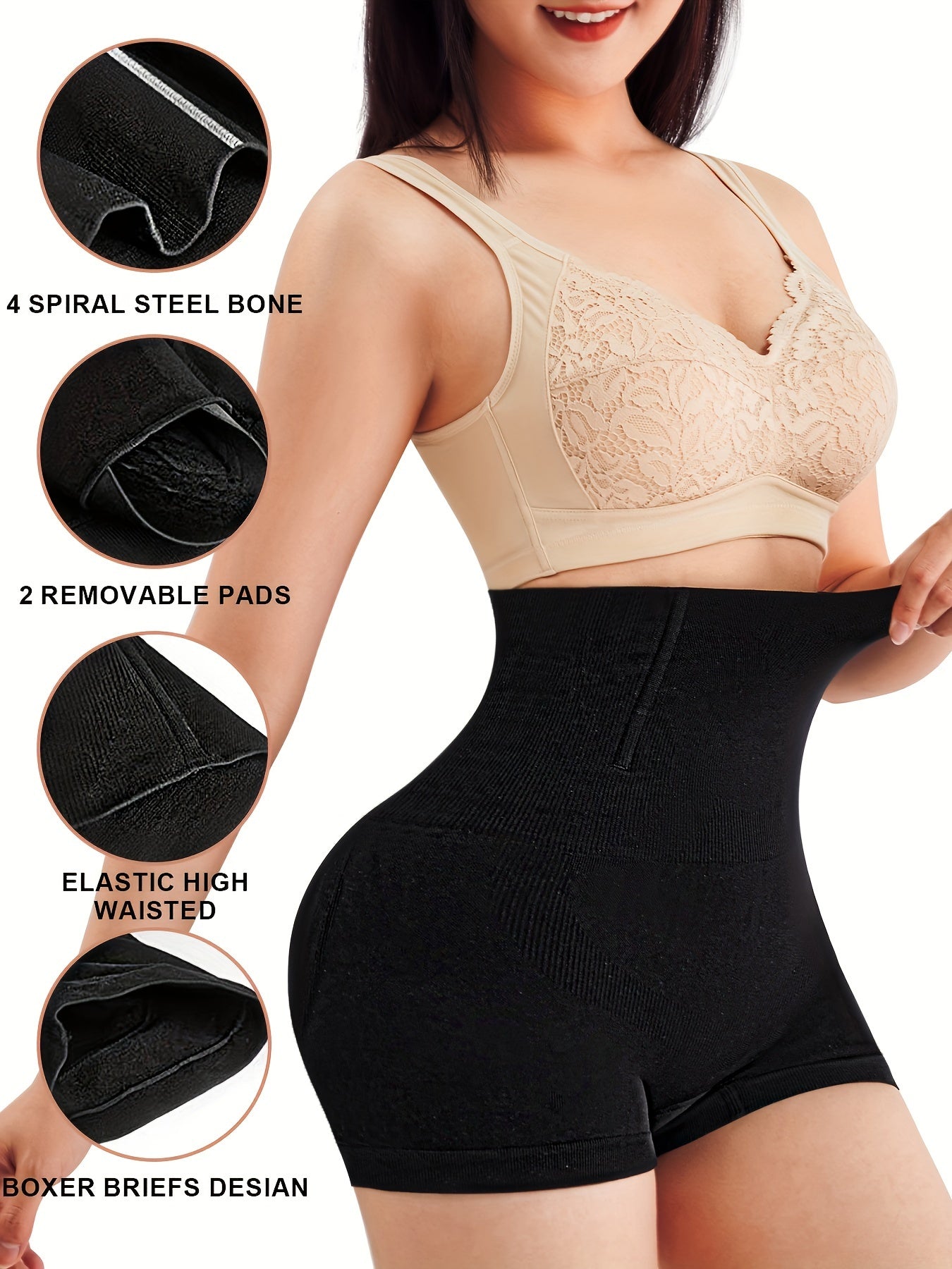 Women's High-Waisted Shapewear Shorts Tummy Control Butt Lifter Solid Knit Fabric