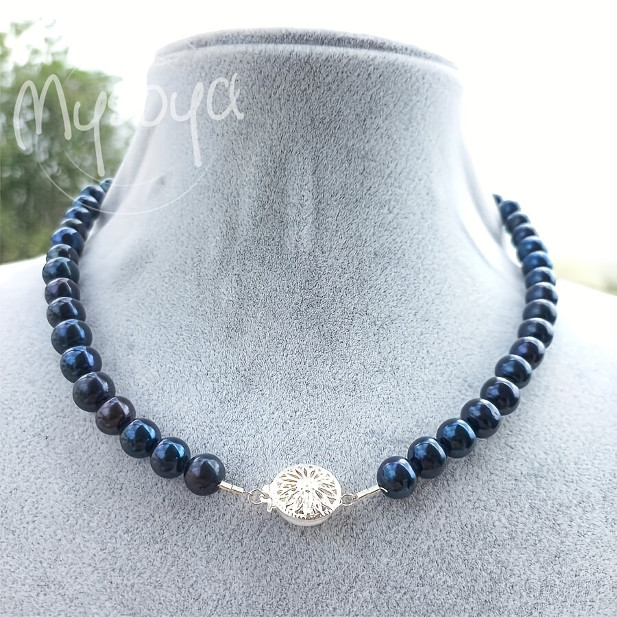 Collar de perlas de agua dulce azul con cierre de flor de plata, perlas de 8-9mm, regalo de piedra de nacimiento de junio para mujeres
