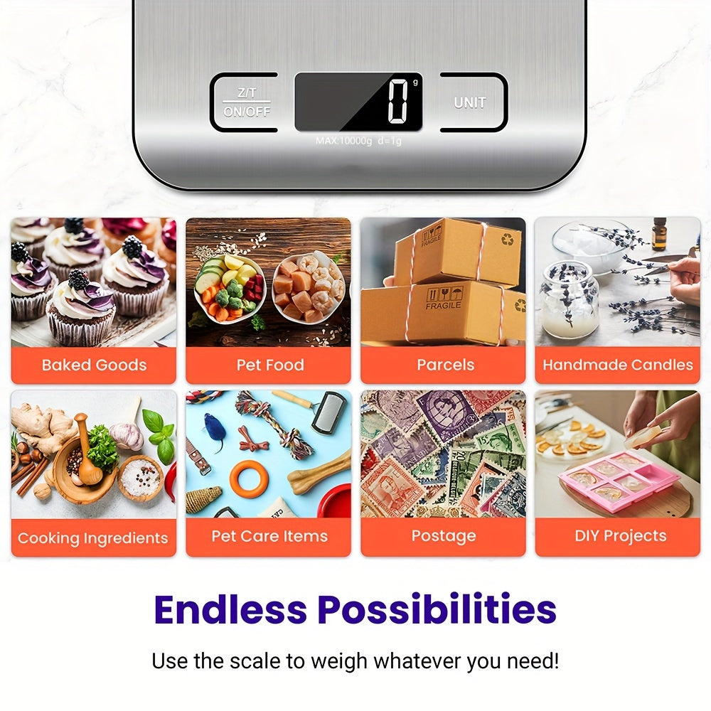 22lb/10kg sig'imga ega raqamli oshxona tarozisi, gramm va unsiya ko'rsatkichlari, tare funksiyasi, zanglamaydigan po'latdan yasalgan dizayn, tozalash oson. Pishirish, ovqat tayyorlash, qahva vaznini o'lchash va pochta uchun ideal.