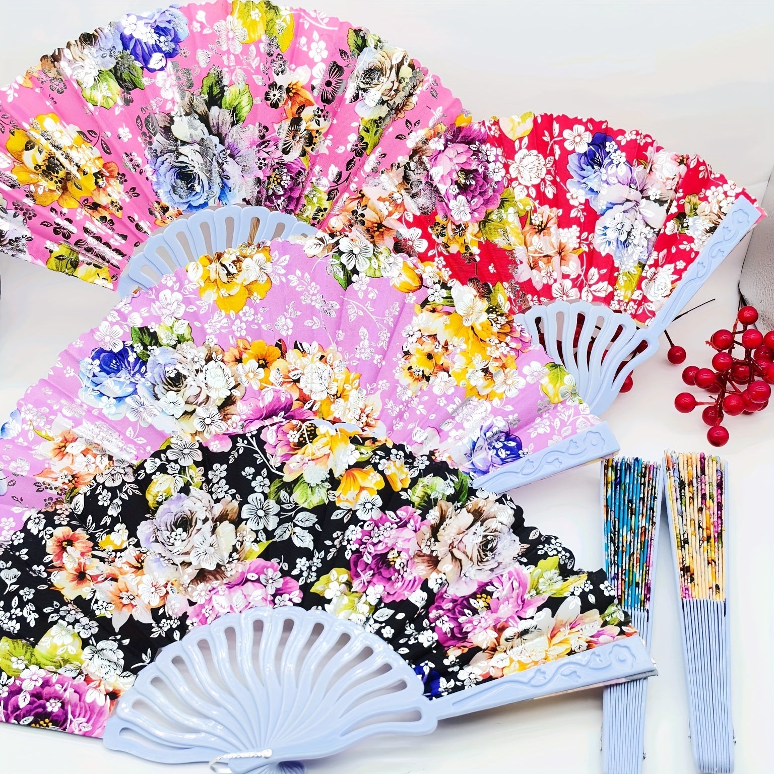 12 Elegant Floral Linen Texture Handheld Fans with Golden Accents and Folding Design