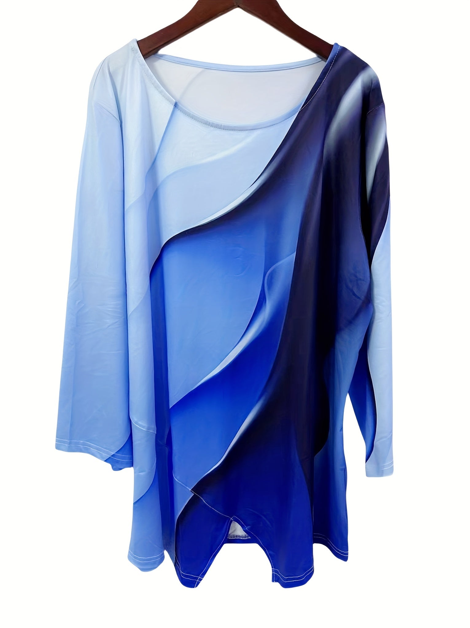 Plus Size Ombre Asymmetrical Hem T-Shirt with Crew Neck and Long Sleeves for Spring and Fall