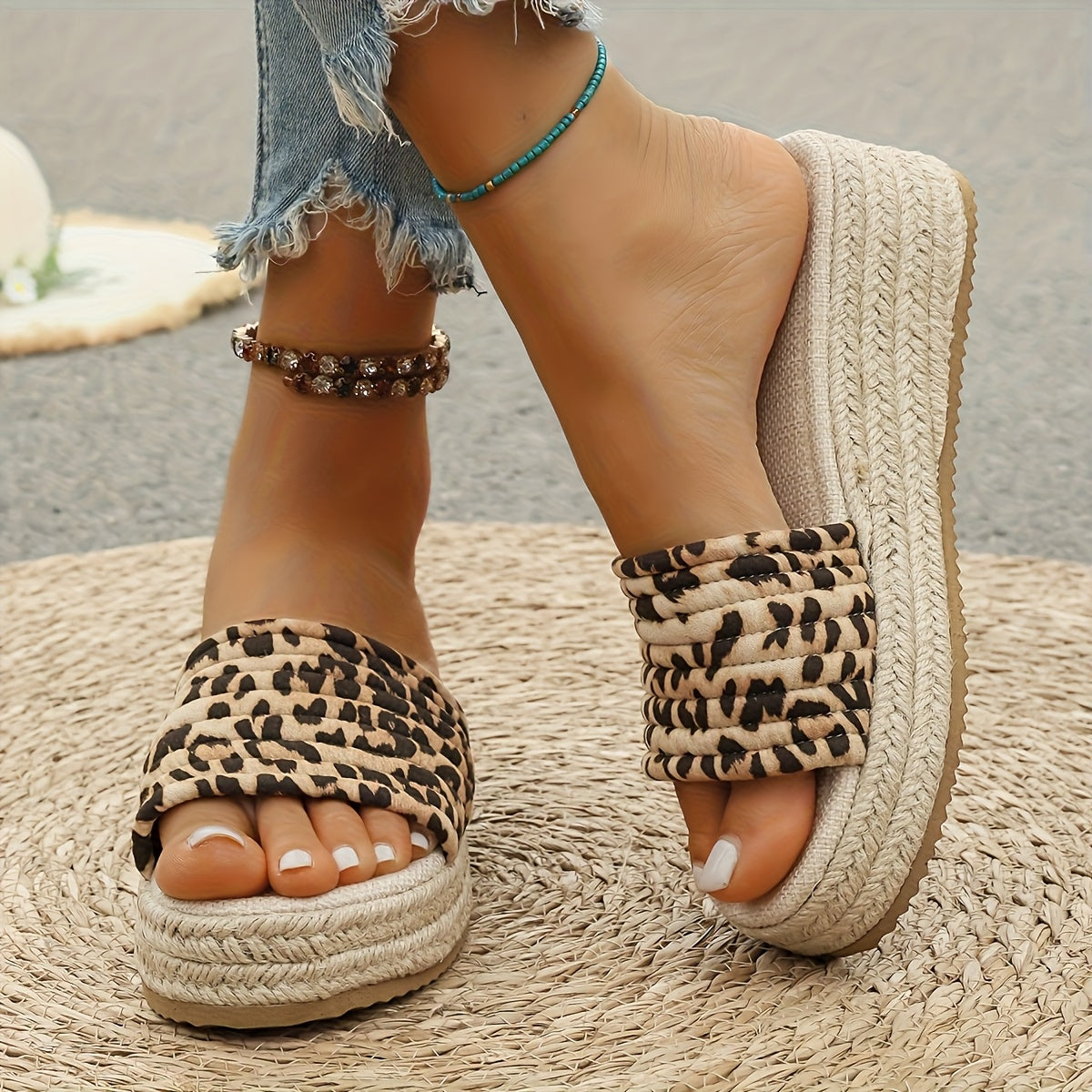 Women's Bohemian Woven Slide Sandals with Thick Platform for Beach Pool