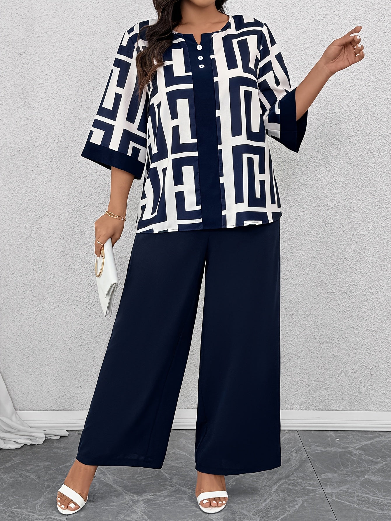 Conjunto de dos piezas para mujer con estampado geométrico, top de escote en V y pantalones de pierna ancha, poliéster