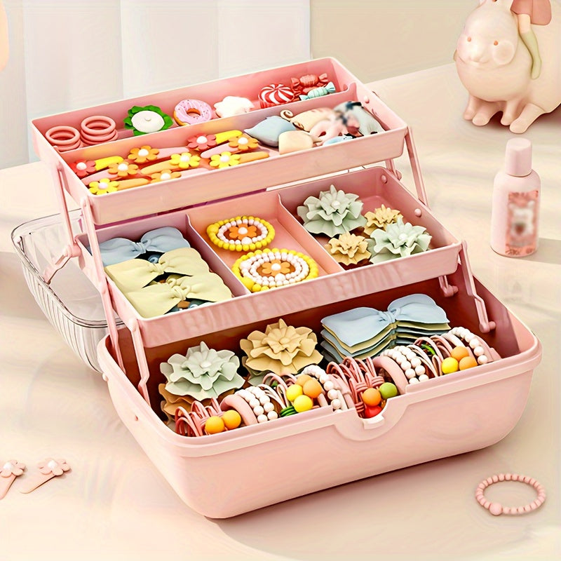 Pink Multi-Layer Storage Box with Bow for Jewelry Cosmetics and Toys