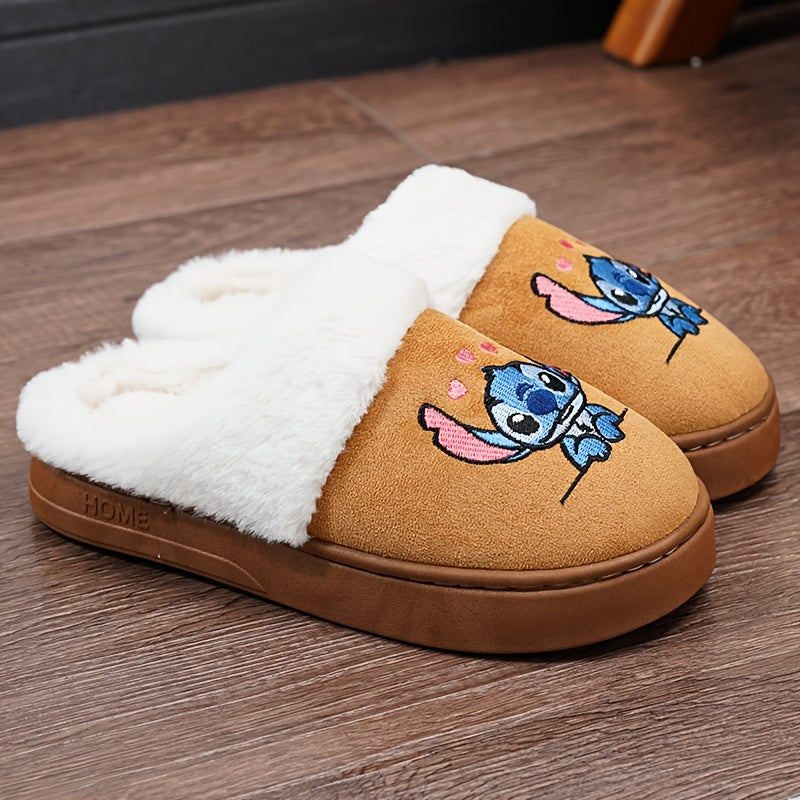 Мужские и женские флисовые тапочки с мультяшной строчкой, вышитые, нескользящие, для дома и улицы