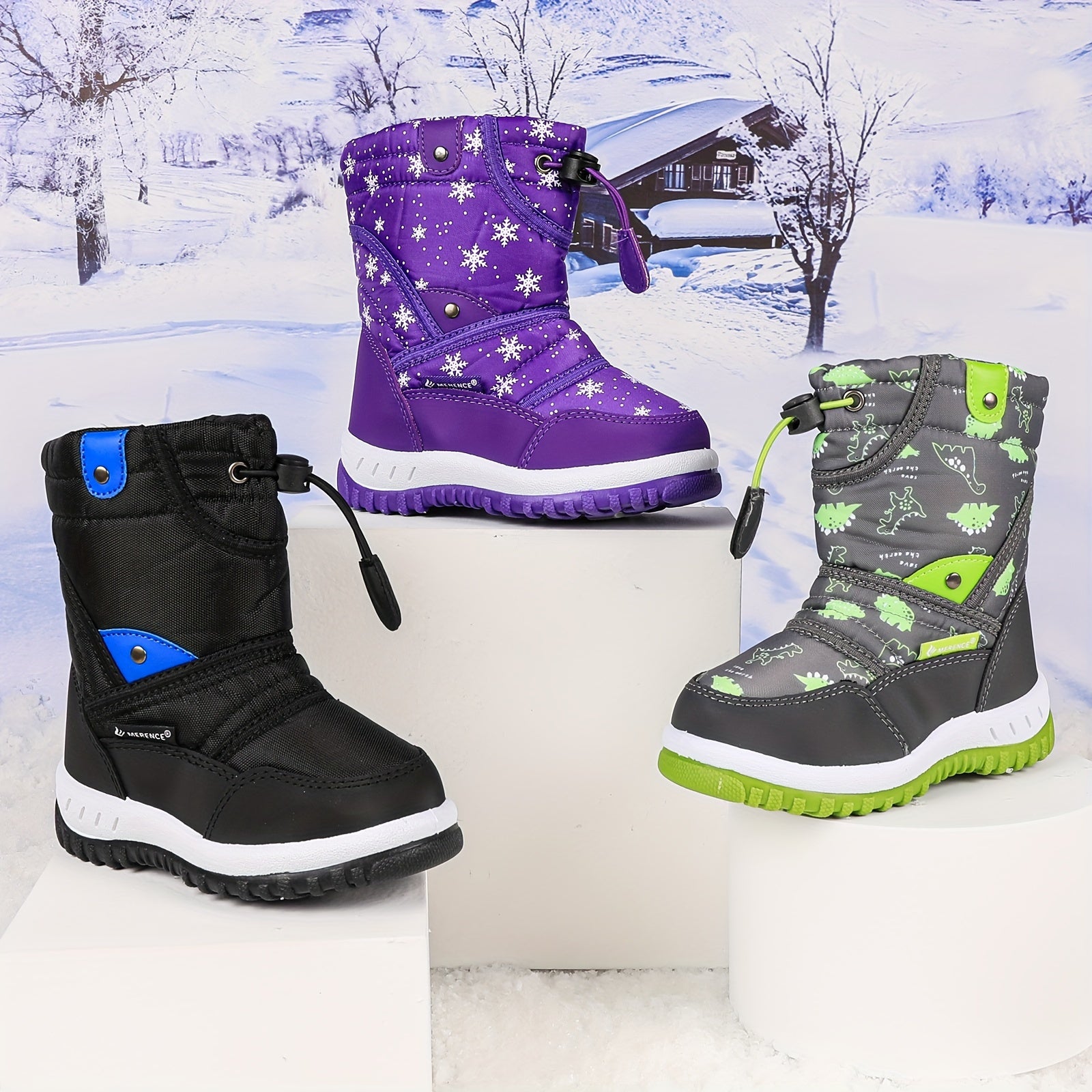 Kids Winter Snow Boots for Boys and Girls with Fur Lining Non-Slip TPR Sole Hook-and-Loop Closure in Blue Purple Red
