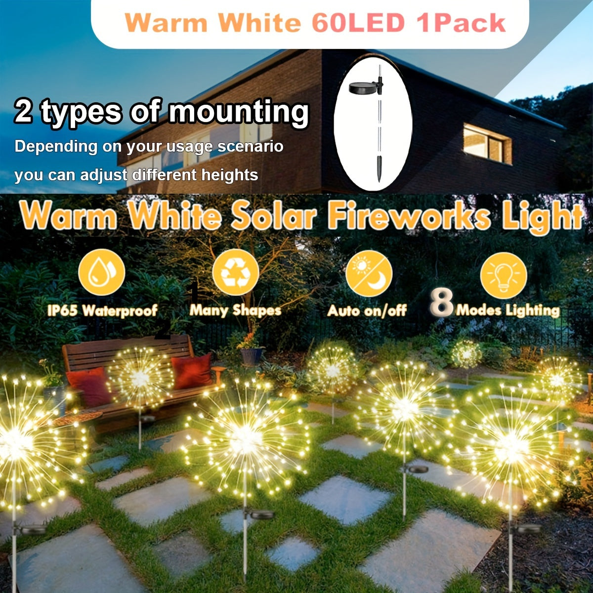 420 LED Solar Firework Garden Lights with 8 Modes Waterproof IP65 Outdoor Decor