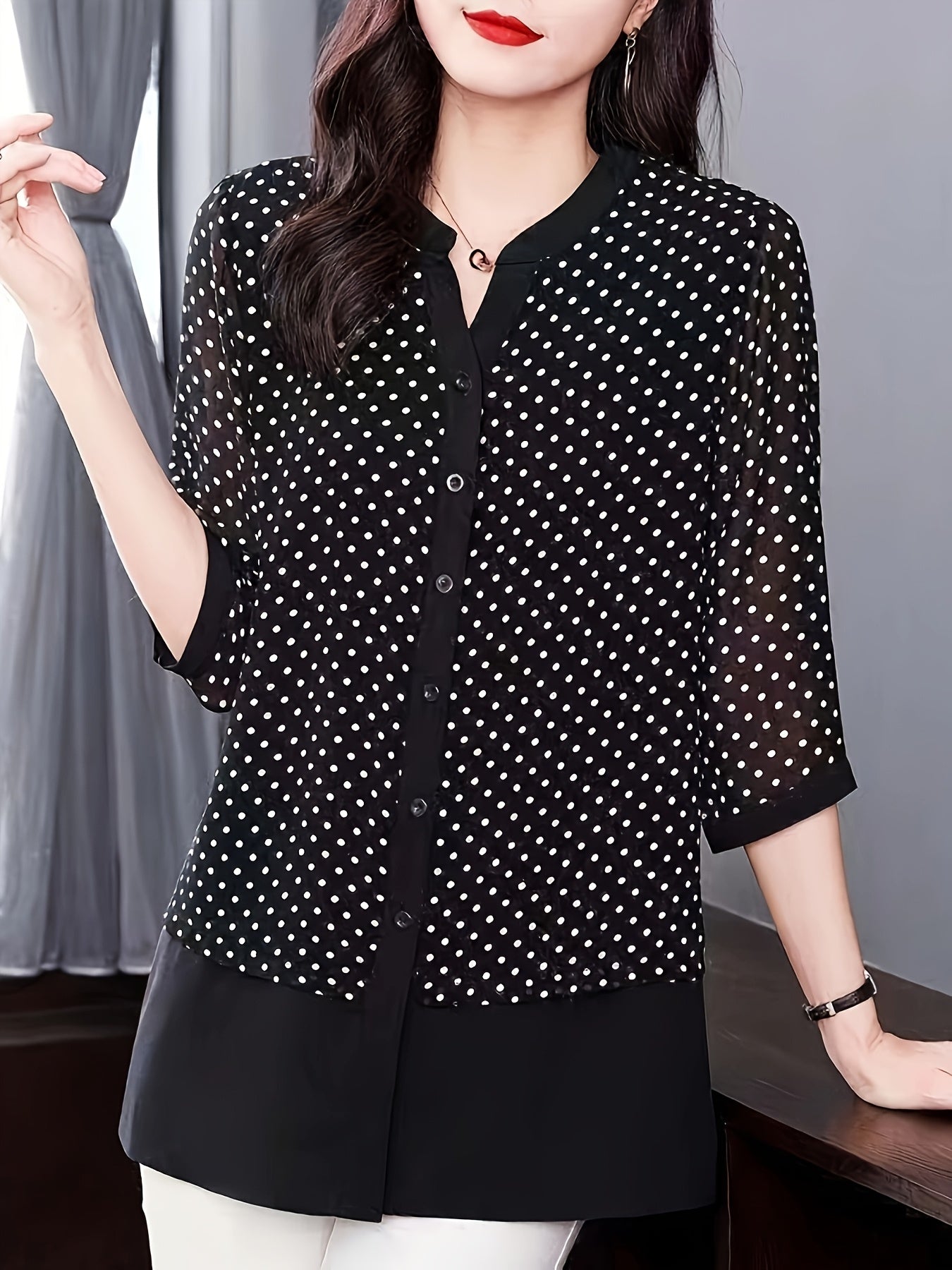 Plus Size Women's Chiffon Blouse Polka Dot Mid-Length Seven-Eighths Sleeves