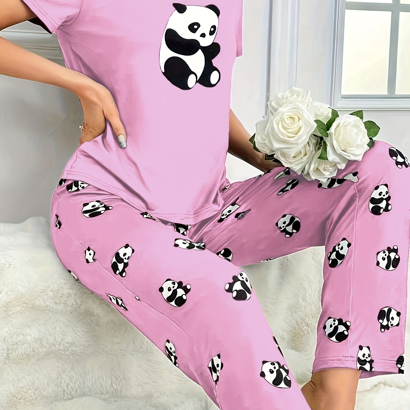 Adult Panda Print Pajama Set with Cartoon Pattern, 100% Polyester, Fall Casual Sleepwear