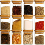 12-Piece Square Glass Spice Jar Set with Waterproof Labels and Bamboo Lids