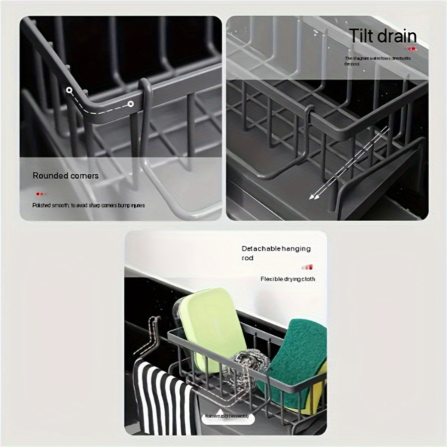 "Countertop uchun ikki funktsiyali idish to'plami va gubka ushlagich, oshxona va hammom uchun qulay saqlash yechimi, idish to'plari va gubkalar uchun bitta qatlamli tokcha, oshxona aksessuarlarini tartibga solish uchun ideal"