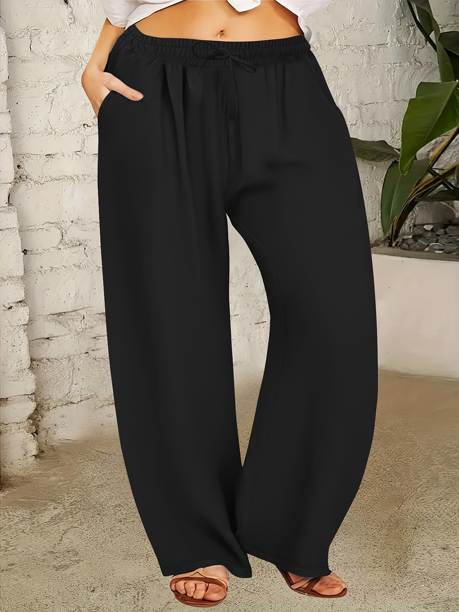 Plus Size Solid Color Pants Casual Drawstring Waist with Pockets Women